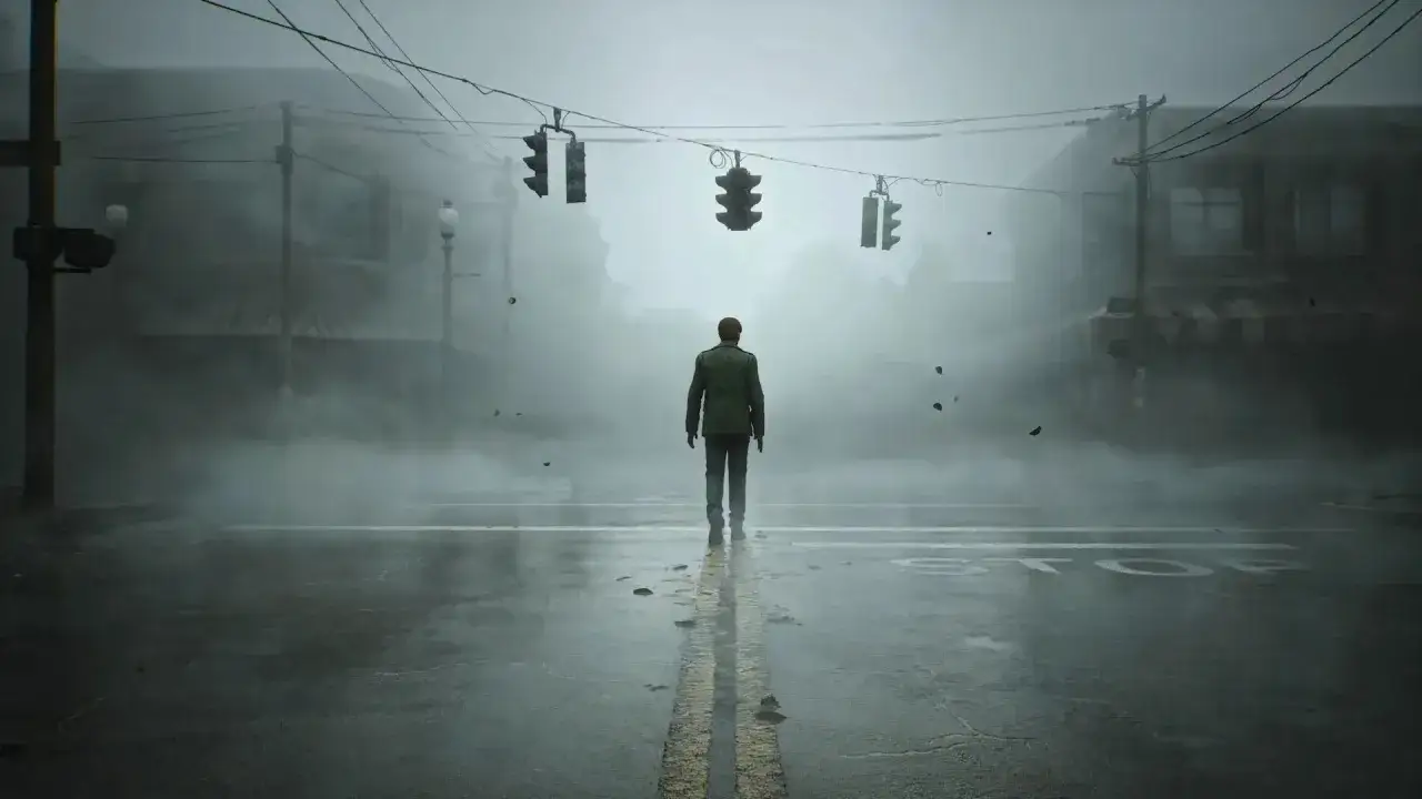 Un uomo solitario cammina in una strada nebbiosa, sotto semafori spenti. Un'atmosfera inquietante perfetta per una silent hill 2 recensione.