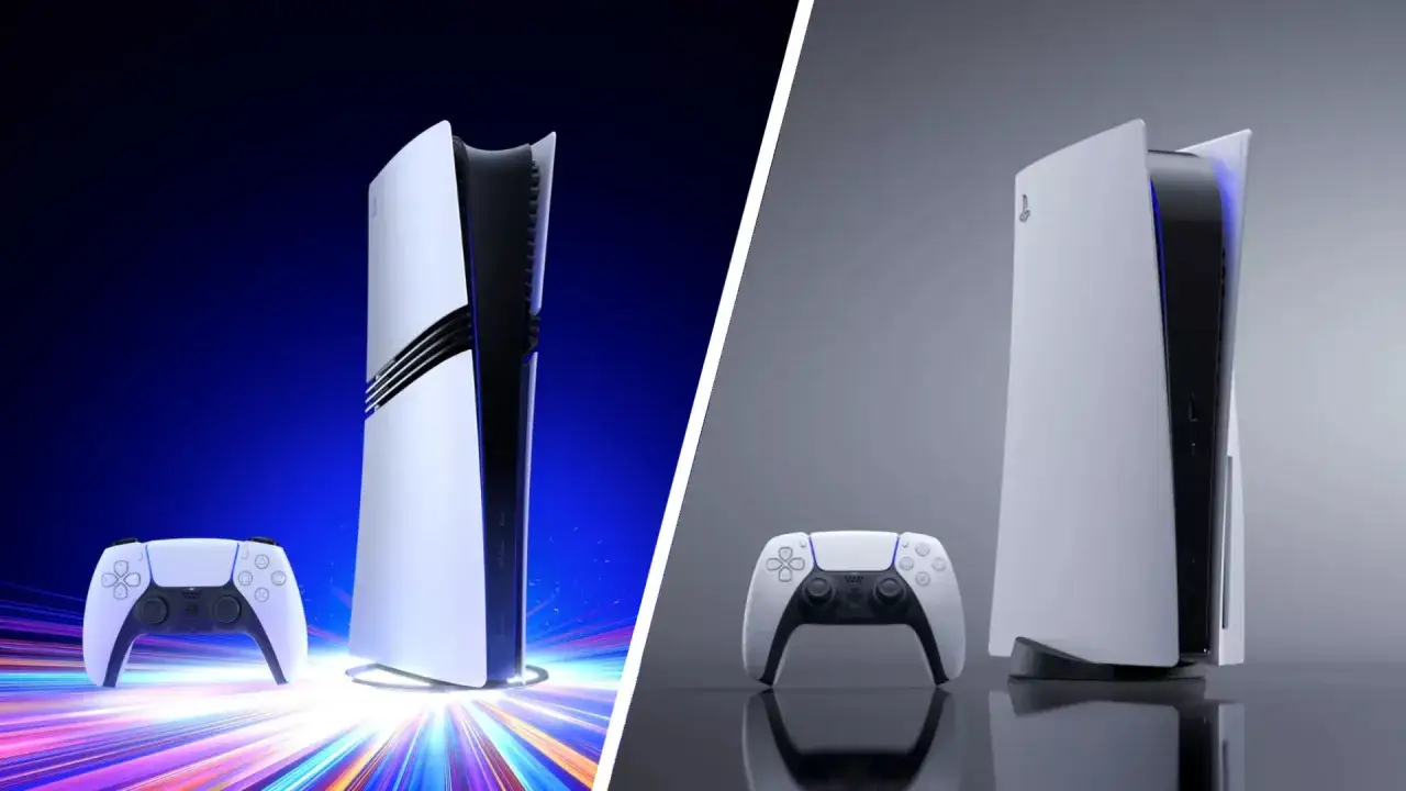 Confronto tra PS5 e PS5 Pro: due console Sony affiancate, una su sfondo blu vibrante, l'altra su grigio elegante.