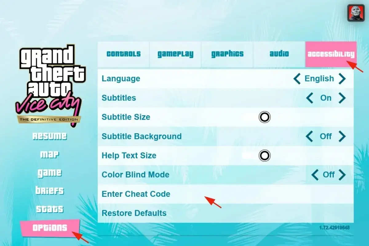 Menu di GTA Vice City: opzioni accessibilit&agrave;, dove inserire trucchi GTA Vice City PS4.