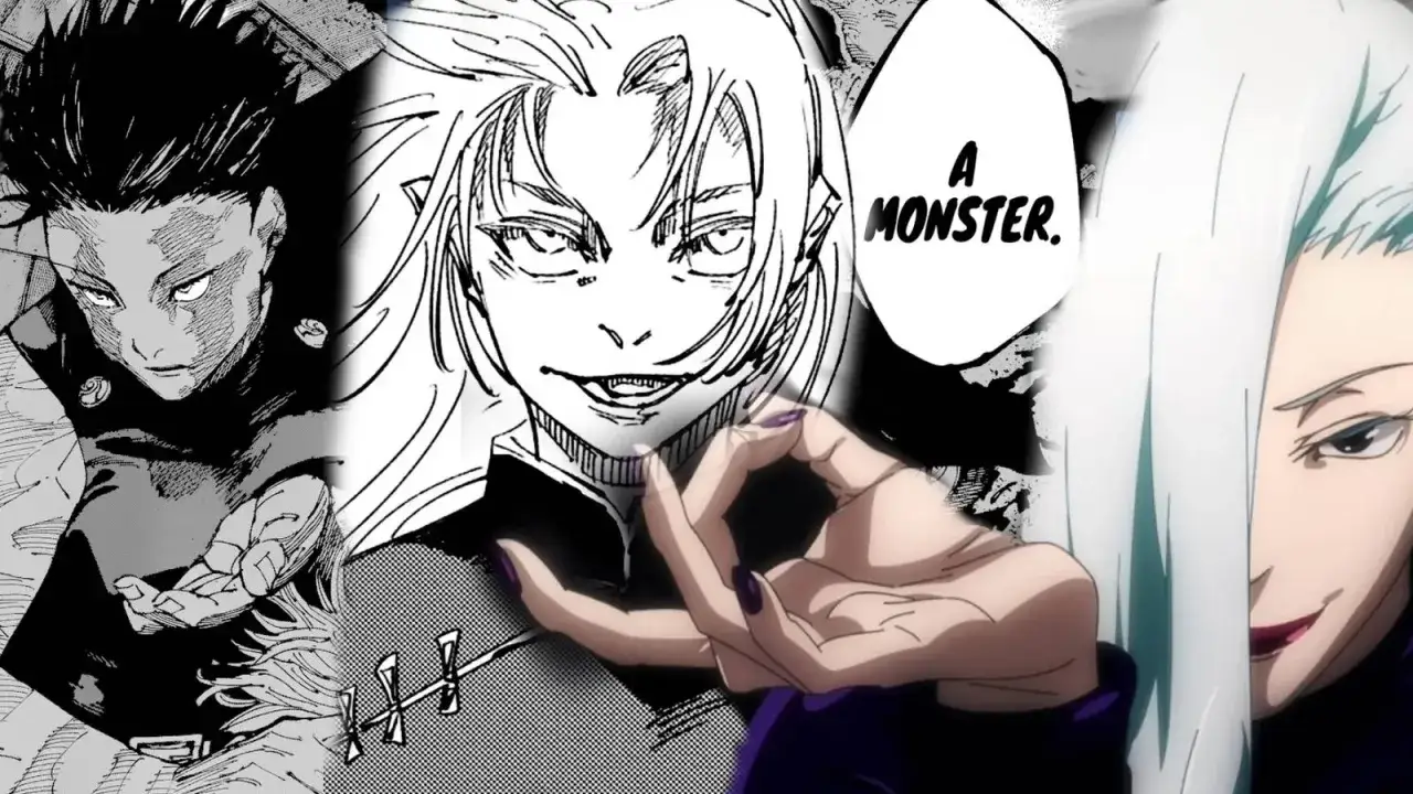 Collage di Jujutsu Kaisen: volti di personaggi femminili intensi e misteriosi, tra cui una con lunghi capelli bianchi e un'altra con un sorriso inquietante.