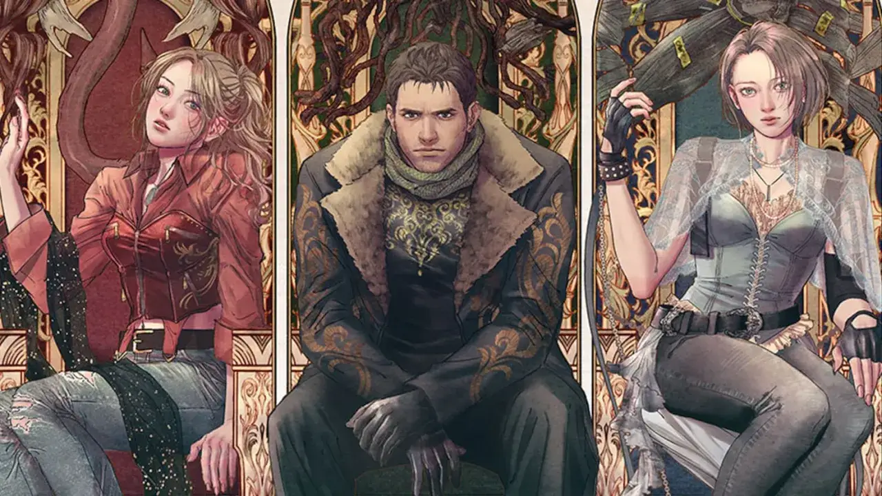 Illustrazione in stile art nouveau di Leon, Claire e Jill, con dettagli che anticipano le ultime resident evil news.