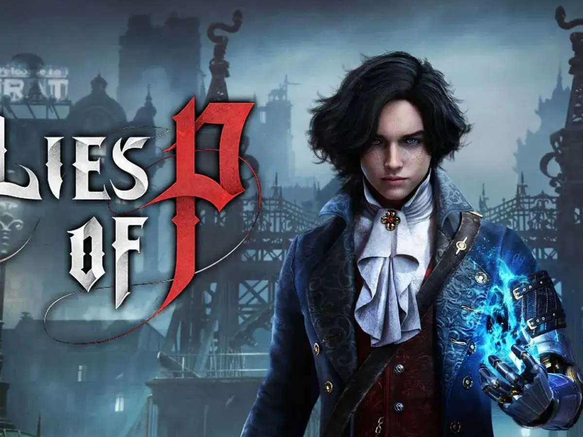 Il protagonista di Lies of P, con un braccio meccanico che emana energia blu, pronto per l'avventura. Un'immagine perfetta per chi cerca il Lies of P game pass.