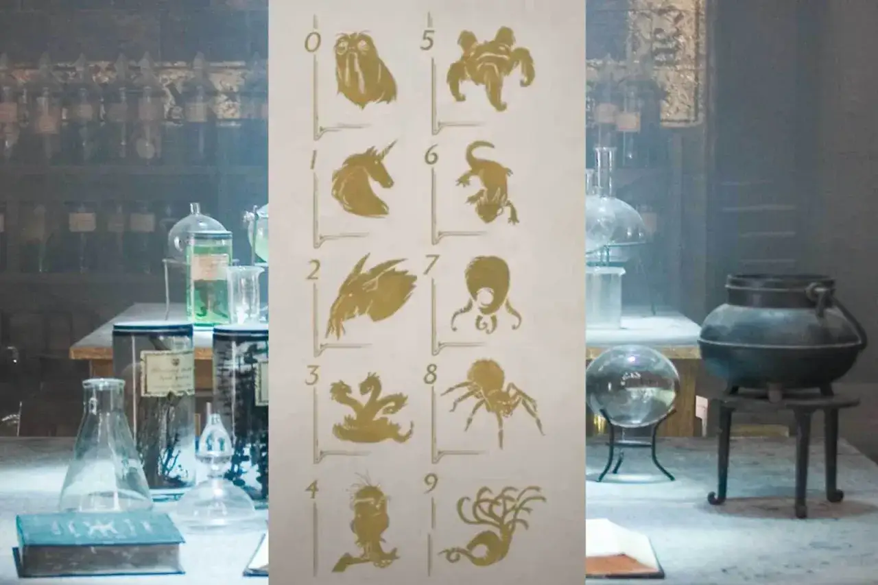 Tavola con simboli di creature magiche, da 0 a 9, per le porte di Hogwarts Legacy.