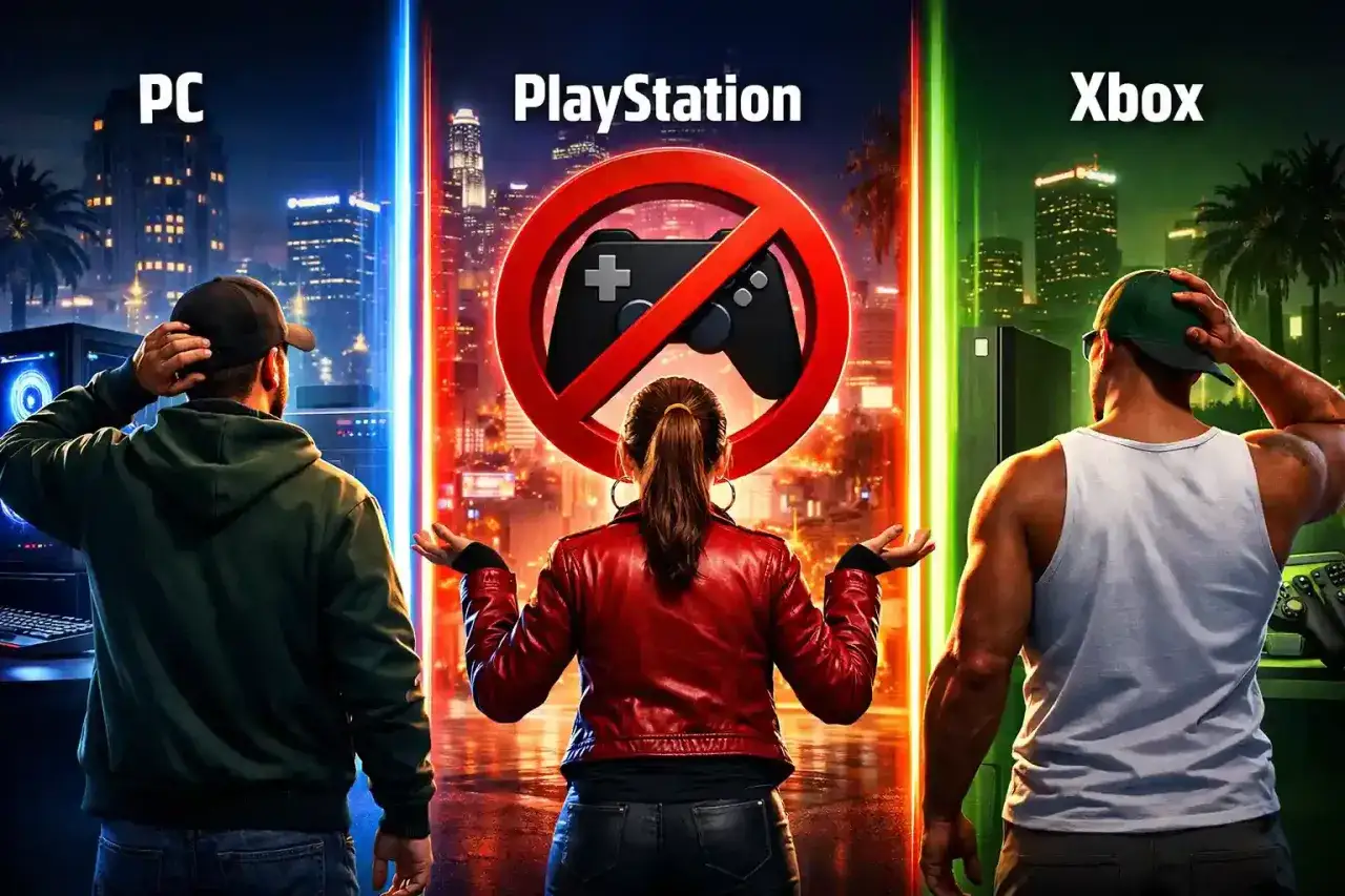 Tre giocatori, PC, PlayStation e Xbox, guardano un divieto di controller. Nessun gta 5 cross play per ora.