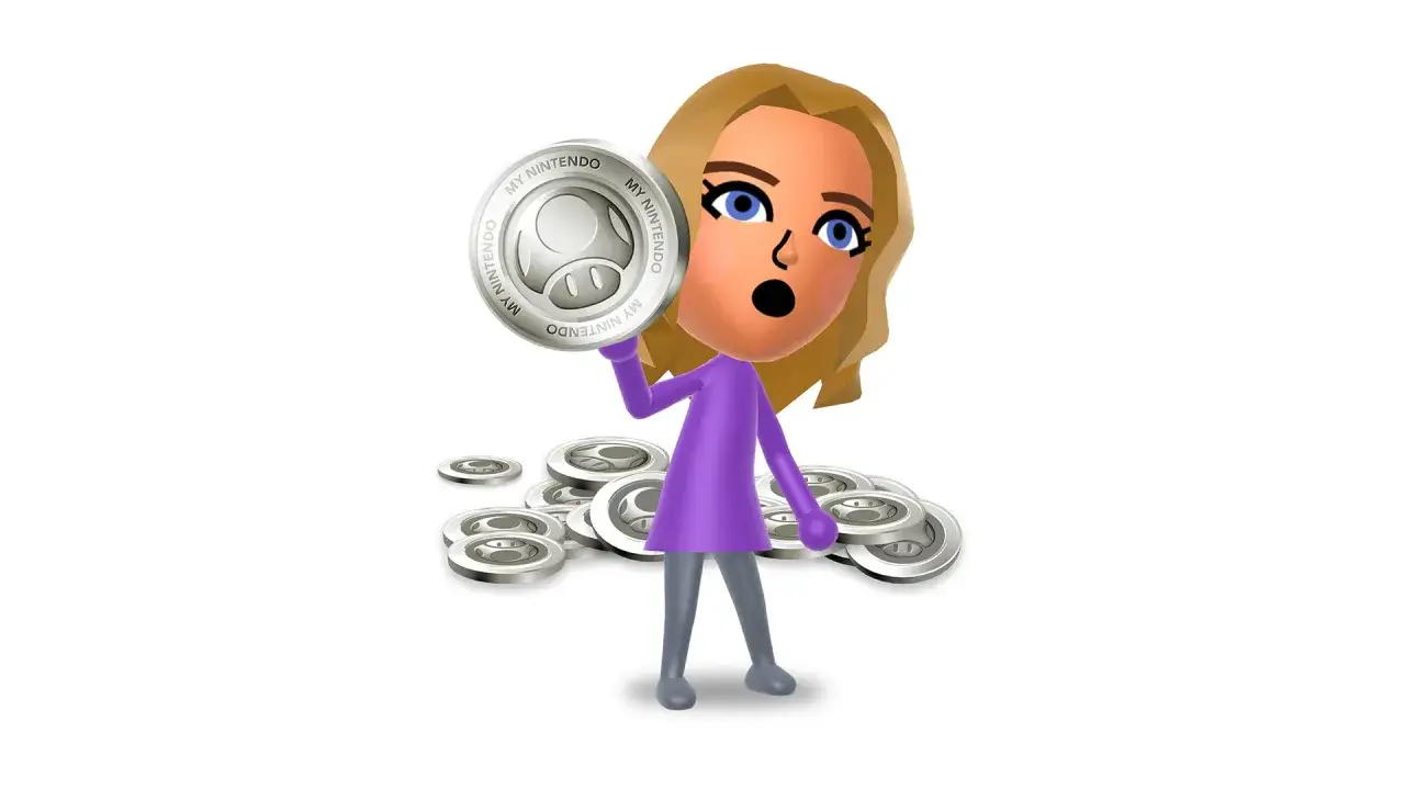 Mii con sorpresa in mano, circondato da tanti punti platino Nintendo.