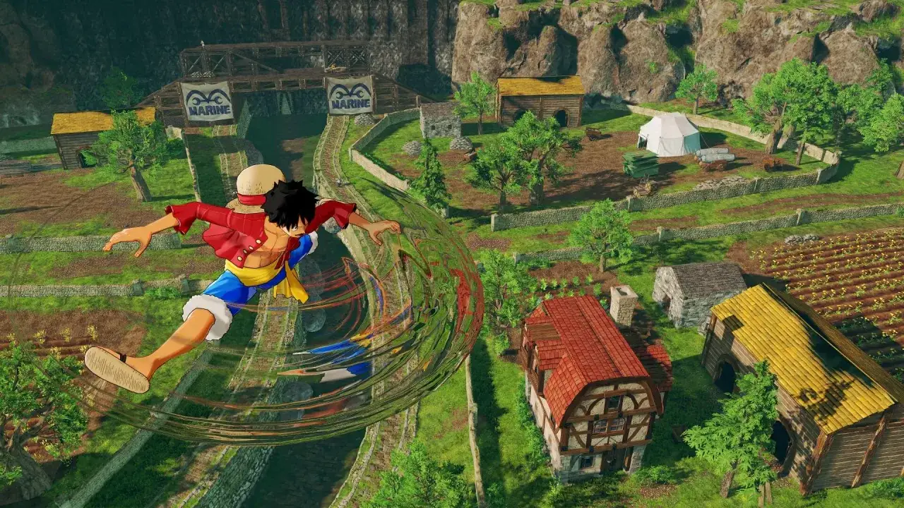 Luffy in azione, un assaggio di One Piece World Seeker. Esplora un mondo vibrante pieno di villaggi e sfide.