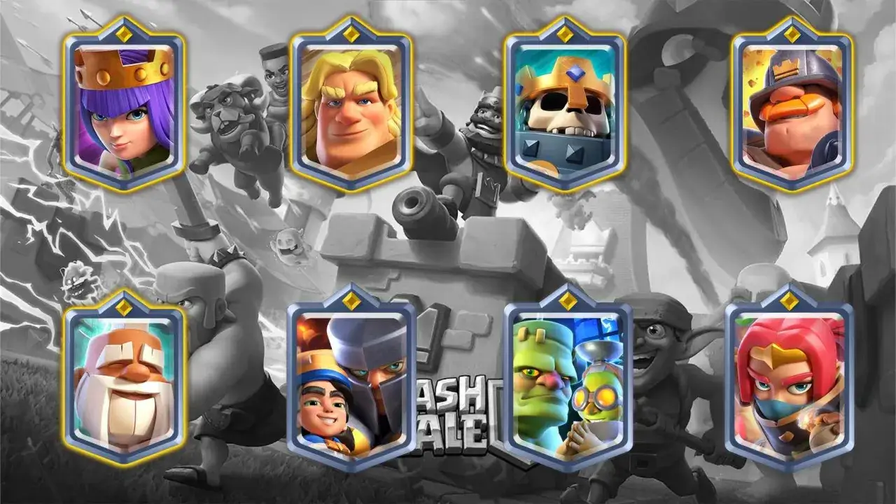 I campioni di Clash Royale pronti alla battaglia: principessa, barbaro, scheletro re, minatore, gigante, moschettiere, golem e ninja.