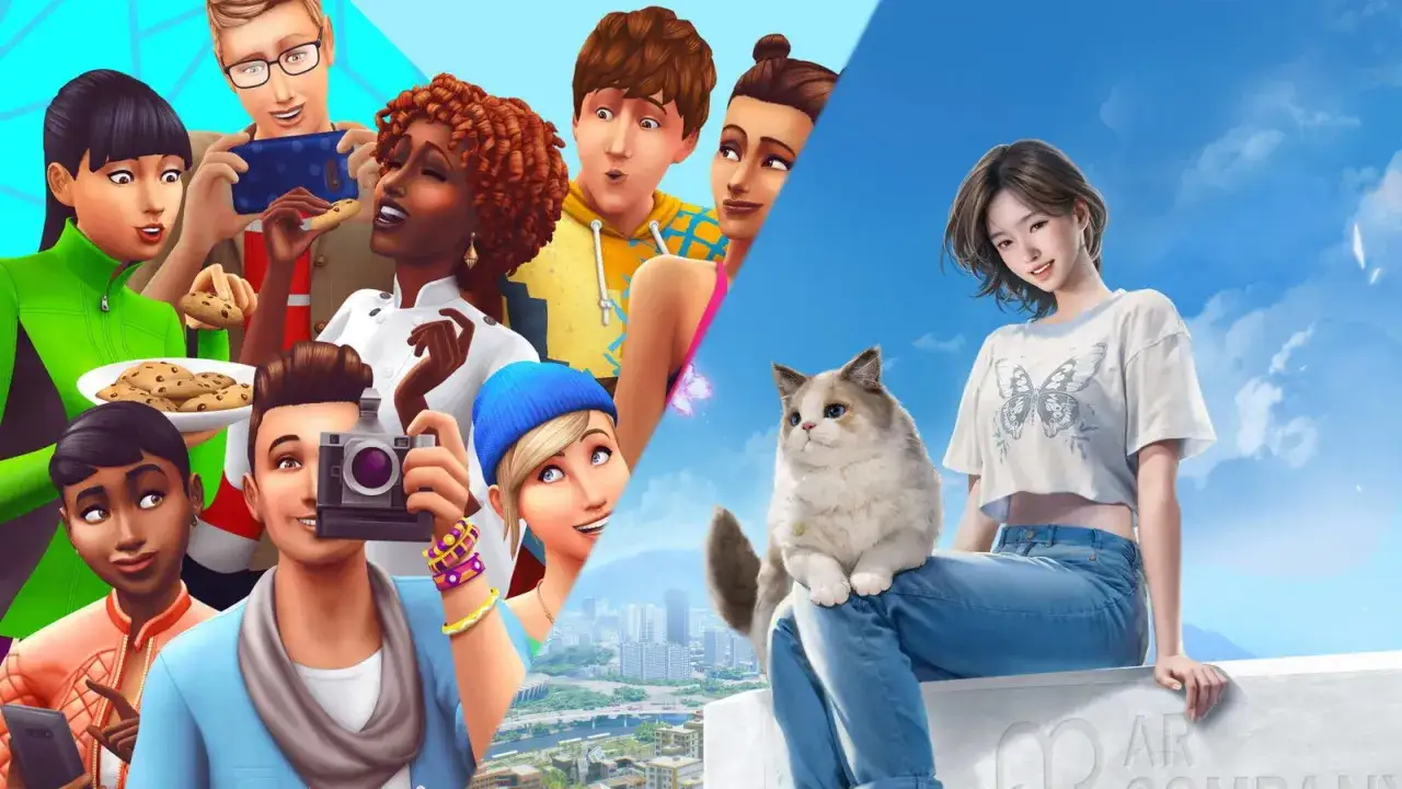 Un gruppo di Sims felici, alcuni con biscotti, altri con una fotocamera, e un gatto su un davanzale con una ragazza. Un'immagine che evoca la gioia di vivere, come in The Sims Switch.