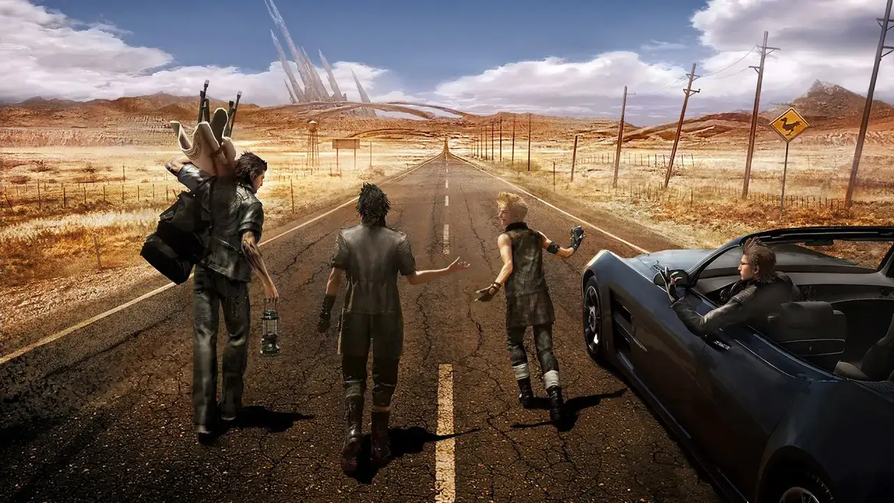 Quattro amici su una strada desolata, un'immagine iconica per la final fantasy xv recensione. Il viaggio inizia.