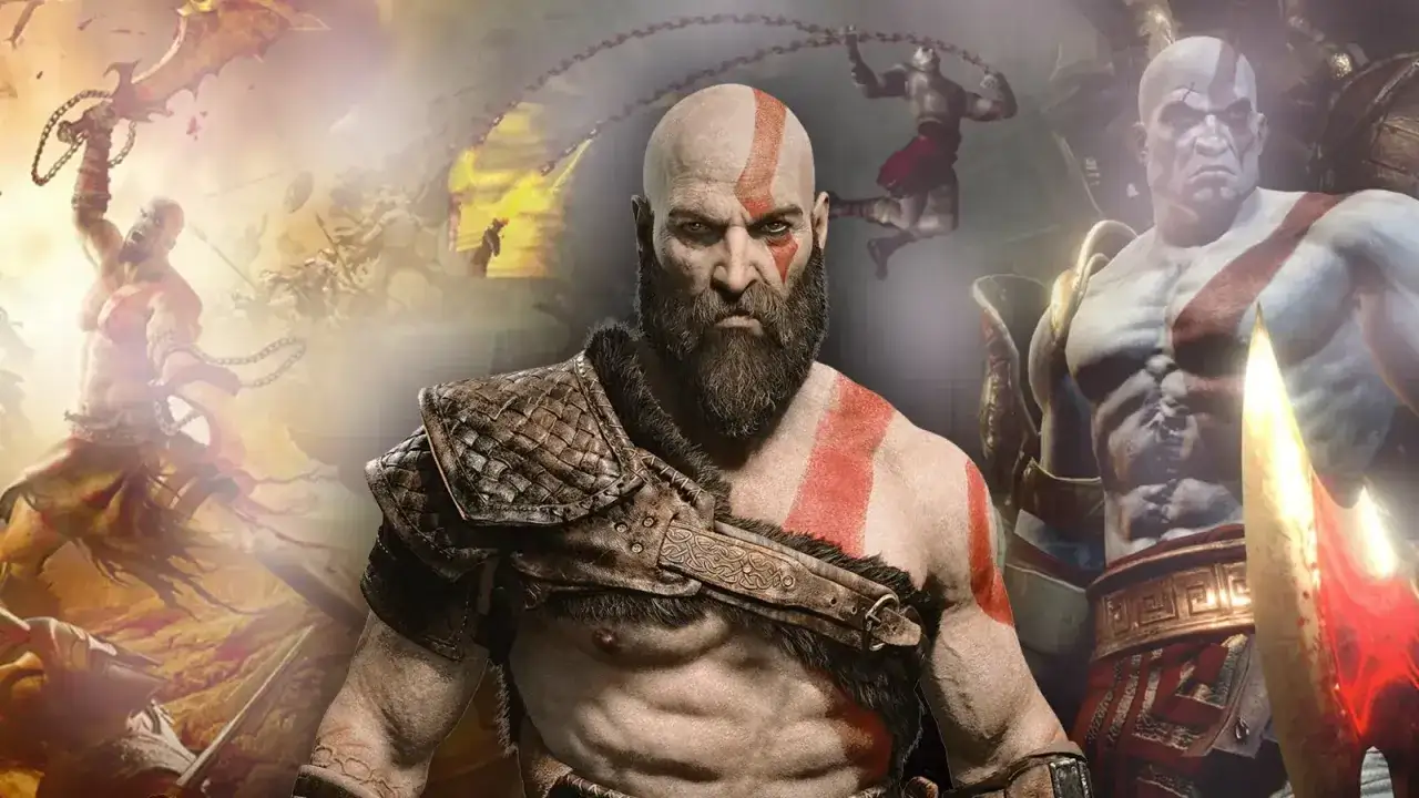 Kratos, protagonista del god of war remake, pronto a combattere. Sfondo epico con battaglie e catene.