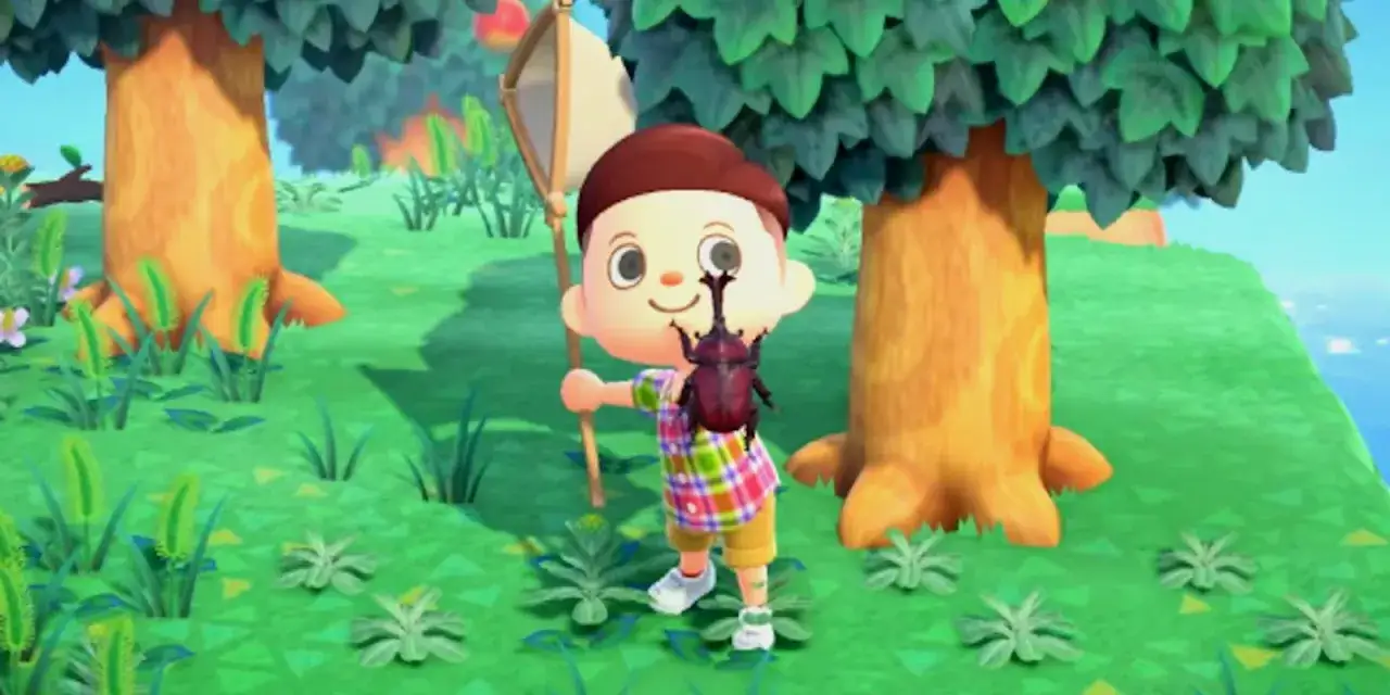 Un personaggio di Animal Crossing New Horizons cattura un grosso scarabeo rinoceronte, uno dei tanti insetti da collezionare.