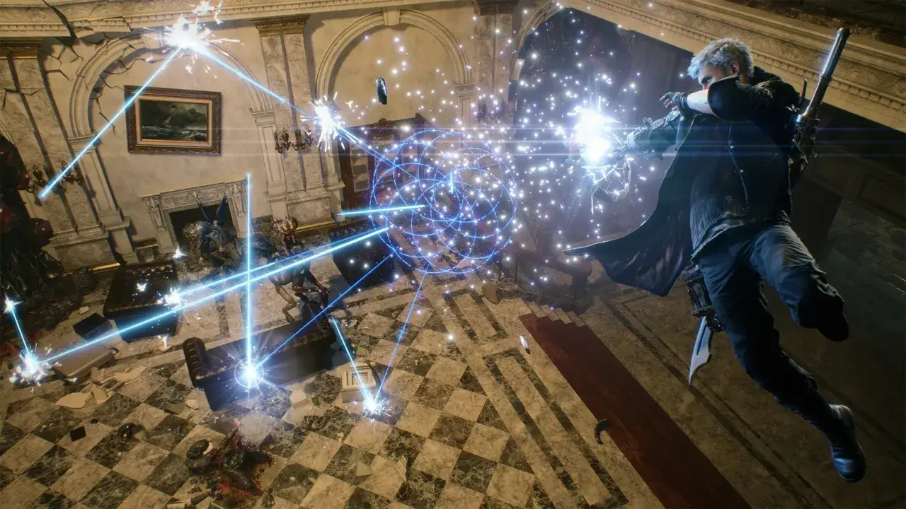 Nero in azione, un'esplosione di energia blu in una stanza devastata. La recensione di Devil May Cry 5 non può che lodare questo spettacolo.