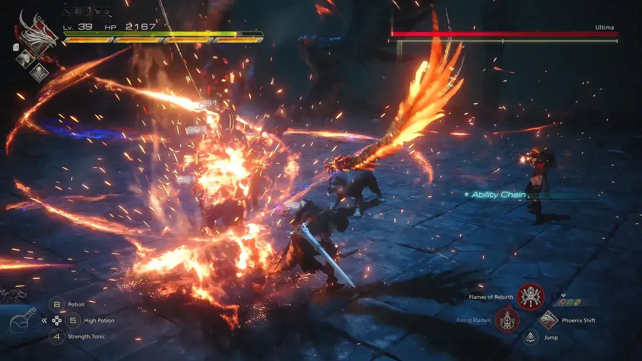Clive combatte un'entità fiammeggiante in Final Fantasy 16. L'azione esplosiva suggerisce un'esperienza intensa su Xbox.