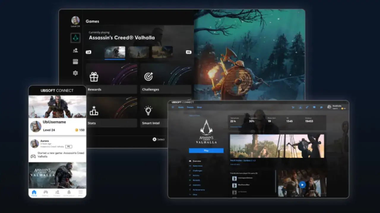 Schermate di Ubisoft Connect mostrano Assassin's Creed Valhalla, con statistiche, ricompense e sfide.