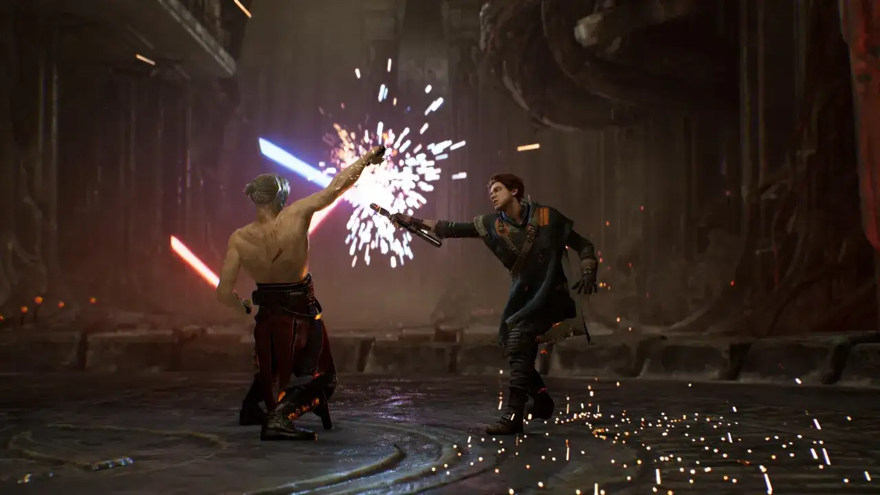 Due star wars jedi 3 si affrontano in un duello con spade laser, scintille volano nell'aria.