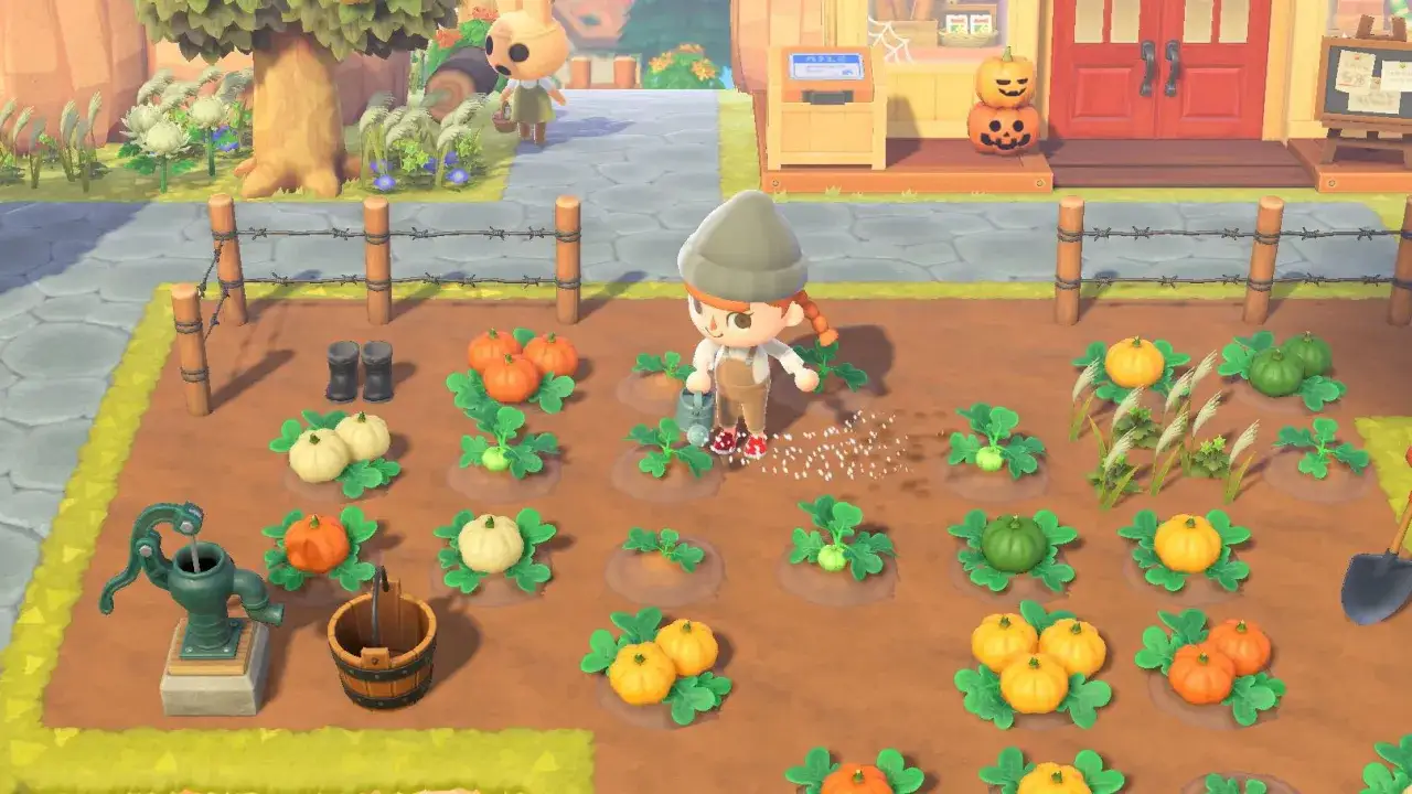 Personaggio in Animal Crossing che annaffia zucche, scopri come si gioca e coltiva la tua isola!
