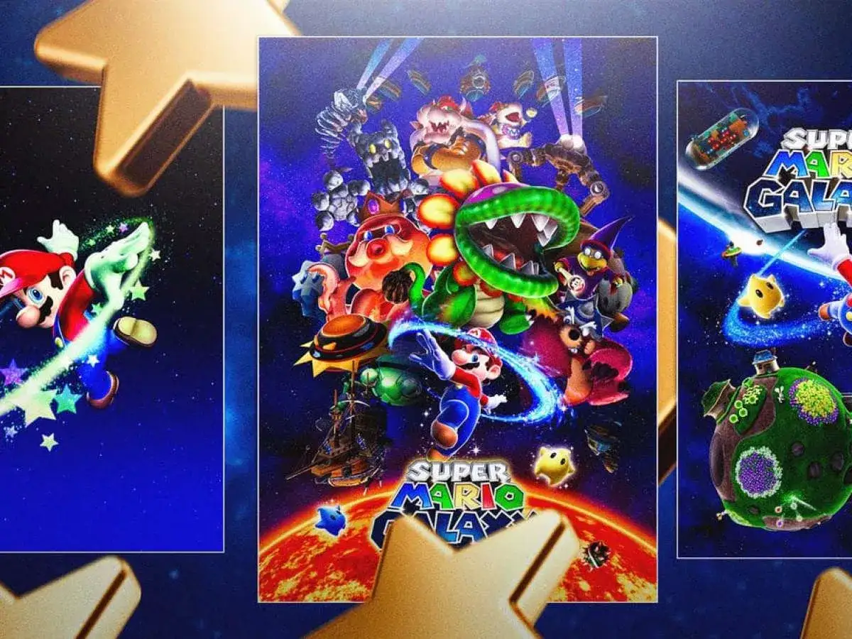 Mario in Super Mario Galaxy 3, circondato da stelle e pianeti, affronta nemici iconici in un'avventura cosmica.