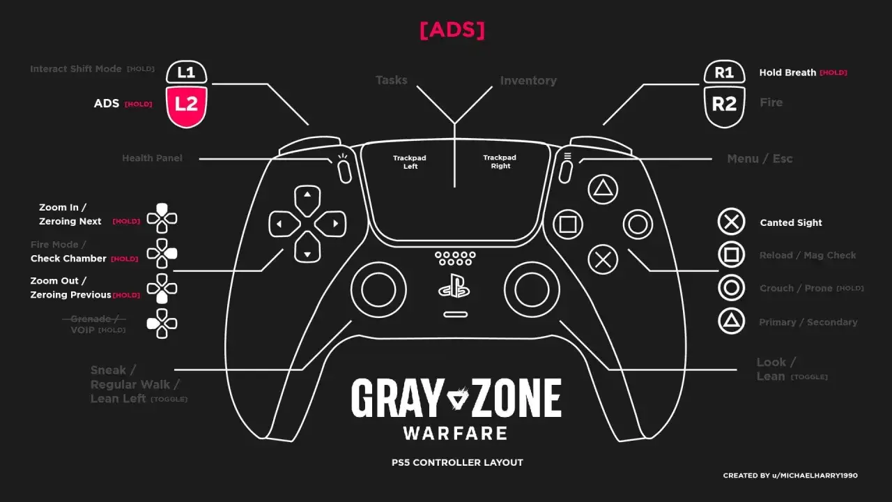 Schema del controller PS5 per Gray Zone Warfare. Il tasto L2 &egrave; associato all'ADS (Mira) e il tasto L1 all'interazione.