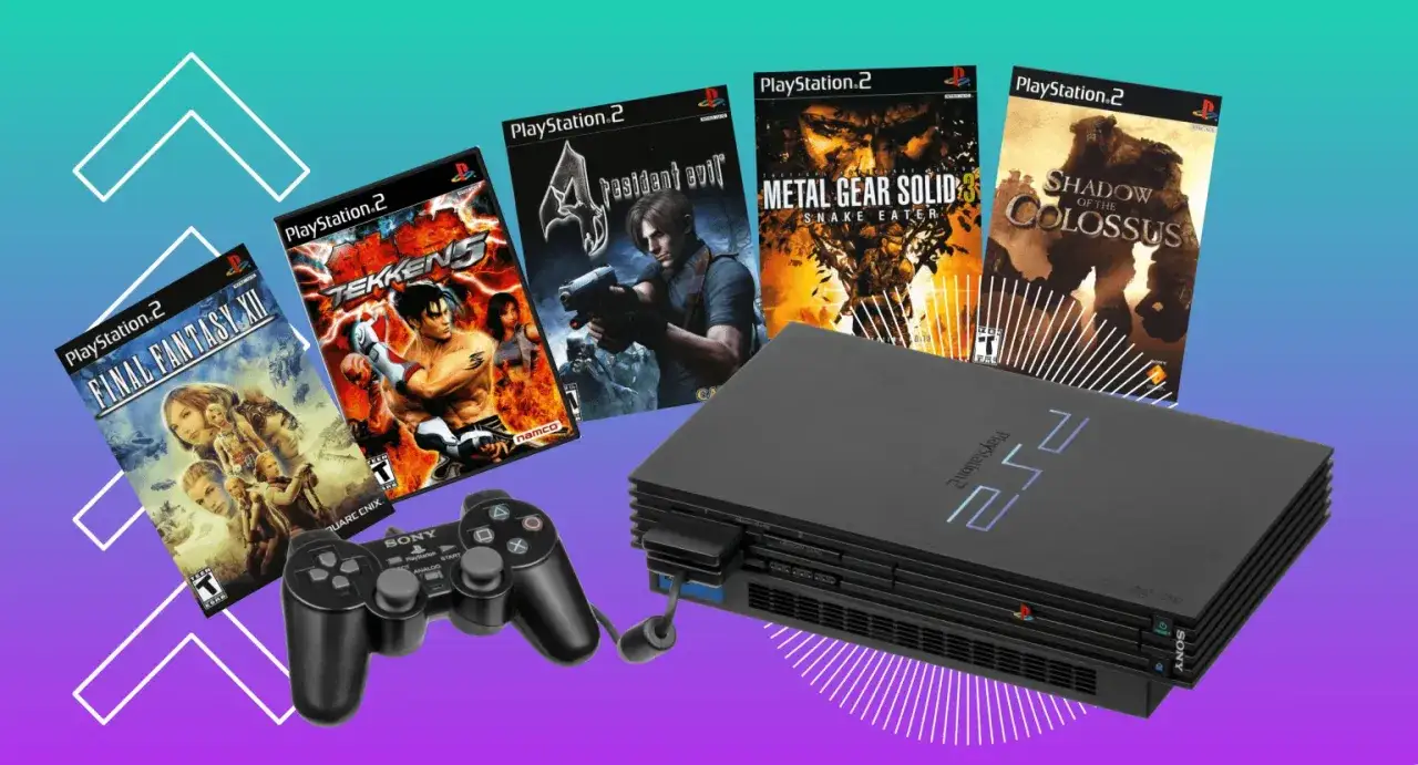 Console PlayStation 2 con controller e copertine di giochi iconici come Final Fantasy XII, Tekken 5, Resident Evil 4, Metal Gear Solid 3 e Shadow of the Colossus, un tuffo nei giochi PS2 su PS4.