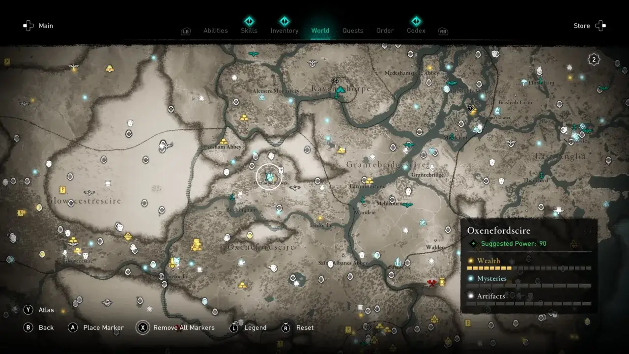 Mappa di AC Valhalla con aree come Glowecestrescire e Oxenefordscire. Si cercano animali leggendari per completare le missioni.