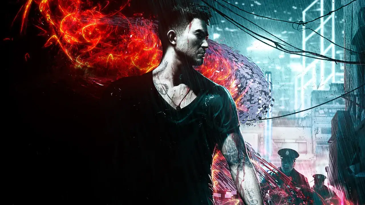 Un uomo con tatuaggi guarda intensamente, circondato da fiamme rosse e un'energia viola. La pioggia cade su una città futuristica, con poliziotti sullo sfondo. Un'immagine che ricorda Sleeping Dogs 2.