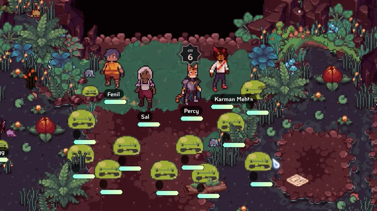 Personaggi di un d&d gioco online in un ambiente fantasy pixelato. Un dado d10 mostra 6.