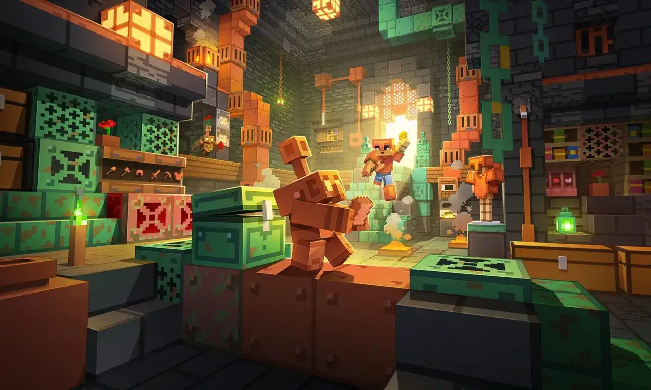 Un golem di rame di Minecraft, con un personaggio che lo osserva, in un magazzino pieno di casse colorate e luci scintillanti.