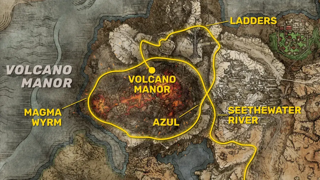 Mappa di Elden Ring: la Villa Vulcano, il Magma Wyrm, il fiume Seethewater e le scale.