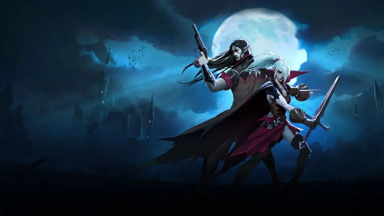 V Rising recensione: due vampiri con spade e fucile si stagliano contro una luna piena e un castello oscuro.