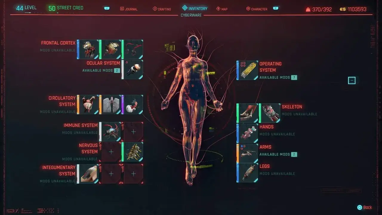Interfaccia di Cyberpunk 2077: inventario cyberware con sistema nervoso, scheletro e altri impianti. Trofei da sbloccare.