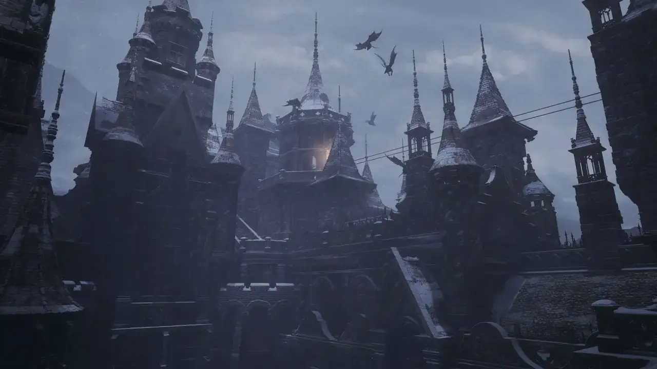 Castello innevato con draghi in volo, un'immagine iconica per la tua resident evil village guida.