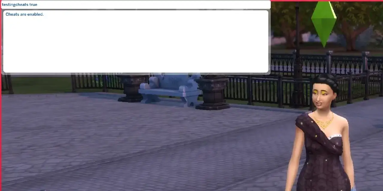 Una Sim con un abito elegante, con la scritta 