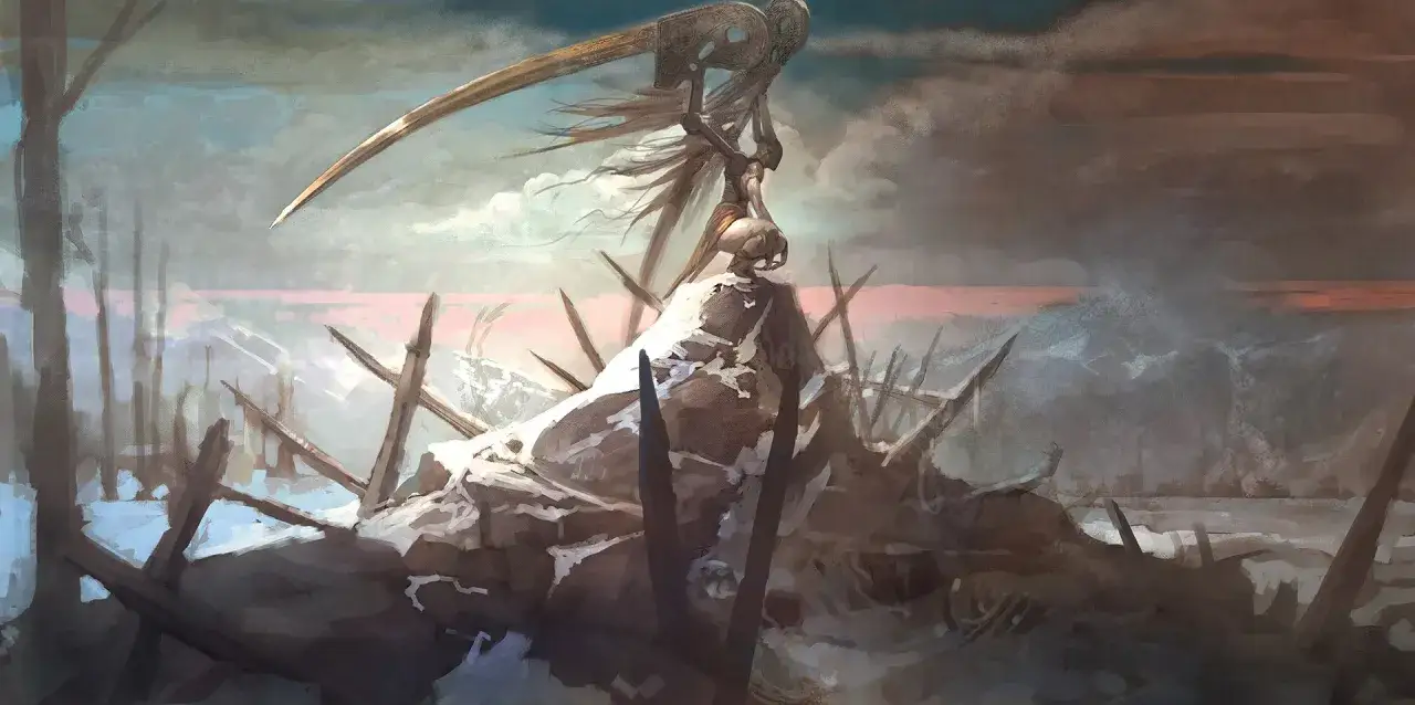 Una figura scheletrica con una falce imponente, forse il god of war 6, domina un paesaggio desolato e innevato, circondato da rovine.