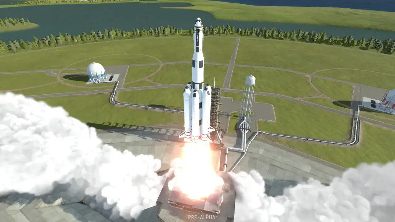 Un razzo bianco decolla con fiamme e fumo, pronto per un'avventura spaziale in Kerbal Space Program 2.
