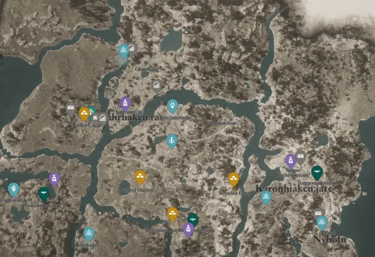 Mappa di Assassin's Creed Valhalla con icone che indicano luoghi da esplorare, tesori e avamposti.