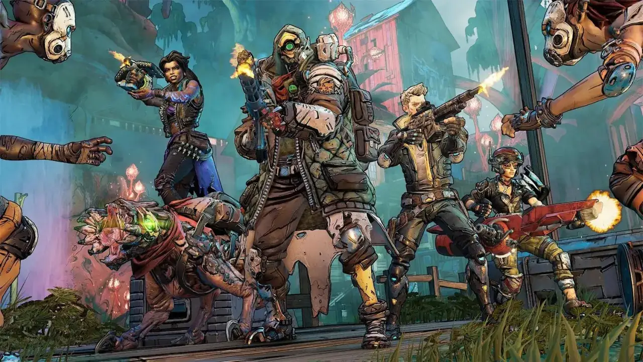 Personaggi di Borderlands 3 in azione, pronti per la recensione. Un'esplosione di colori e armi in questo mondo post-apocalittico.