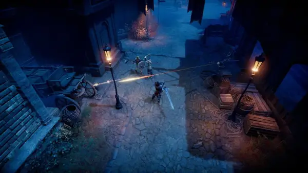V Rising recensione: un cavaliere affronta nemici in un vicolo oscuro illuminato da lanterne.